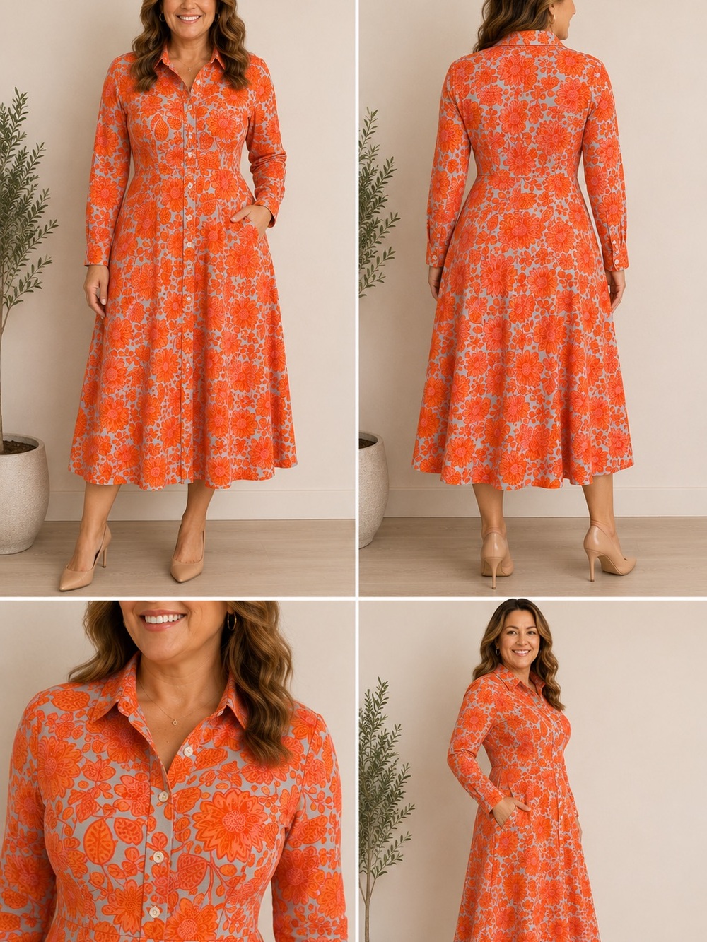 Boden Orange Floral Long-Sleeve Collared Midi Dress